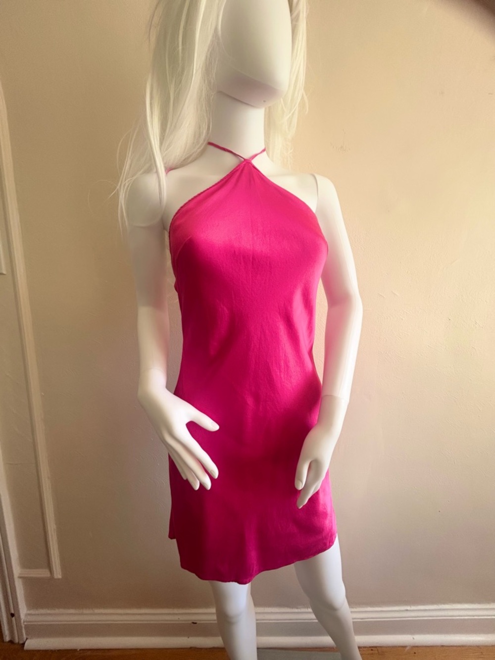 Silk Maison Hot Pink Silk Halter Mini Dress XS Open Back Tie